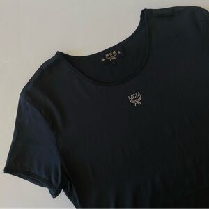 MCM || Stretch Silk Tee Short Sleeve Blouse Rhinestone Crystal Logo Black Small